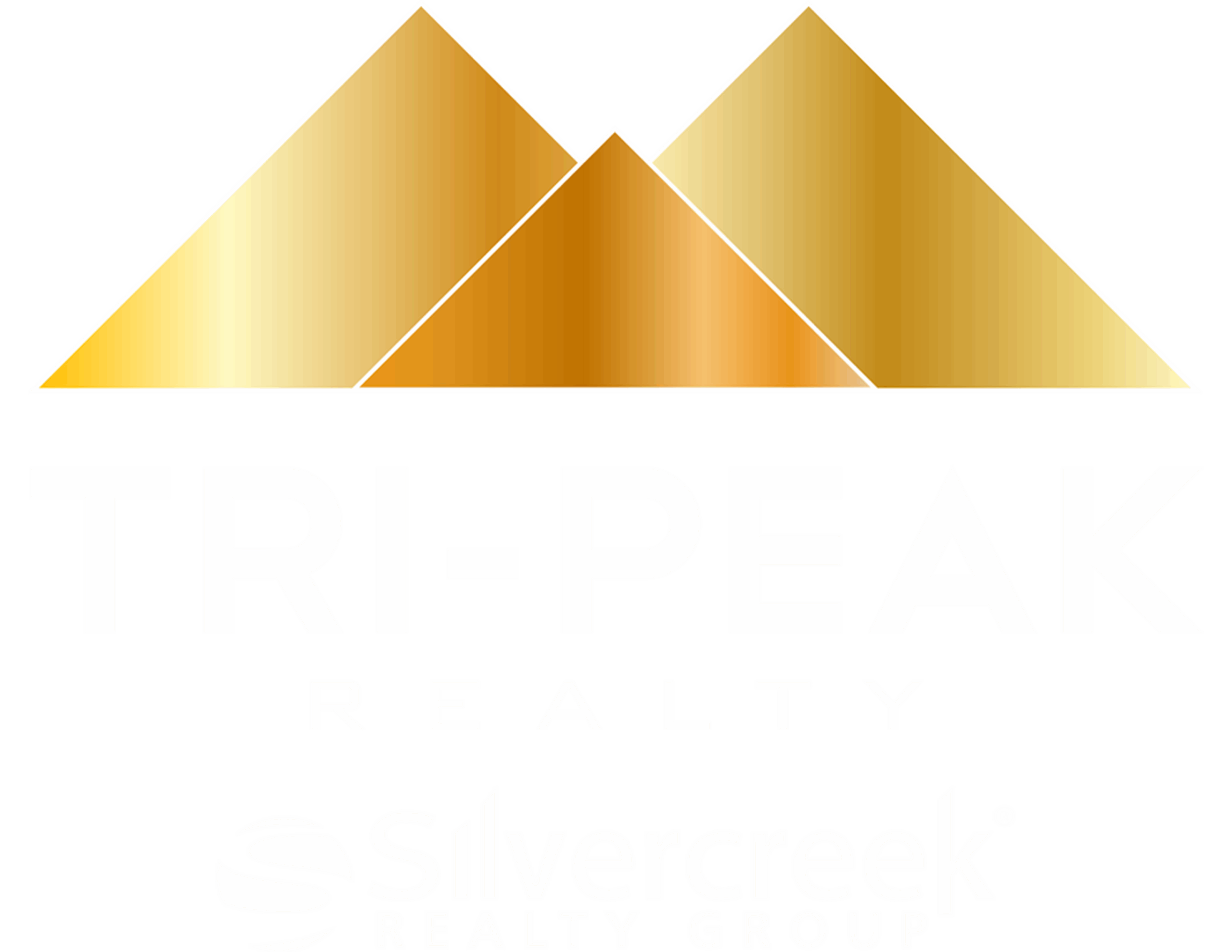 A logo featuring three golden peaks, text underneath stating "Tri-Peak Realty" and Silvercreek Realty Group brokerage underneath.